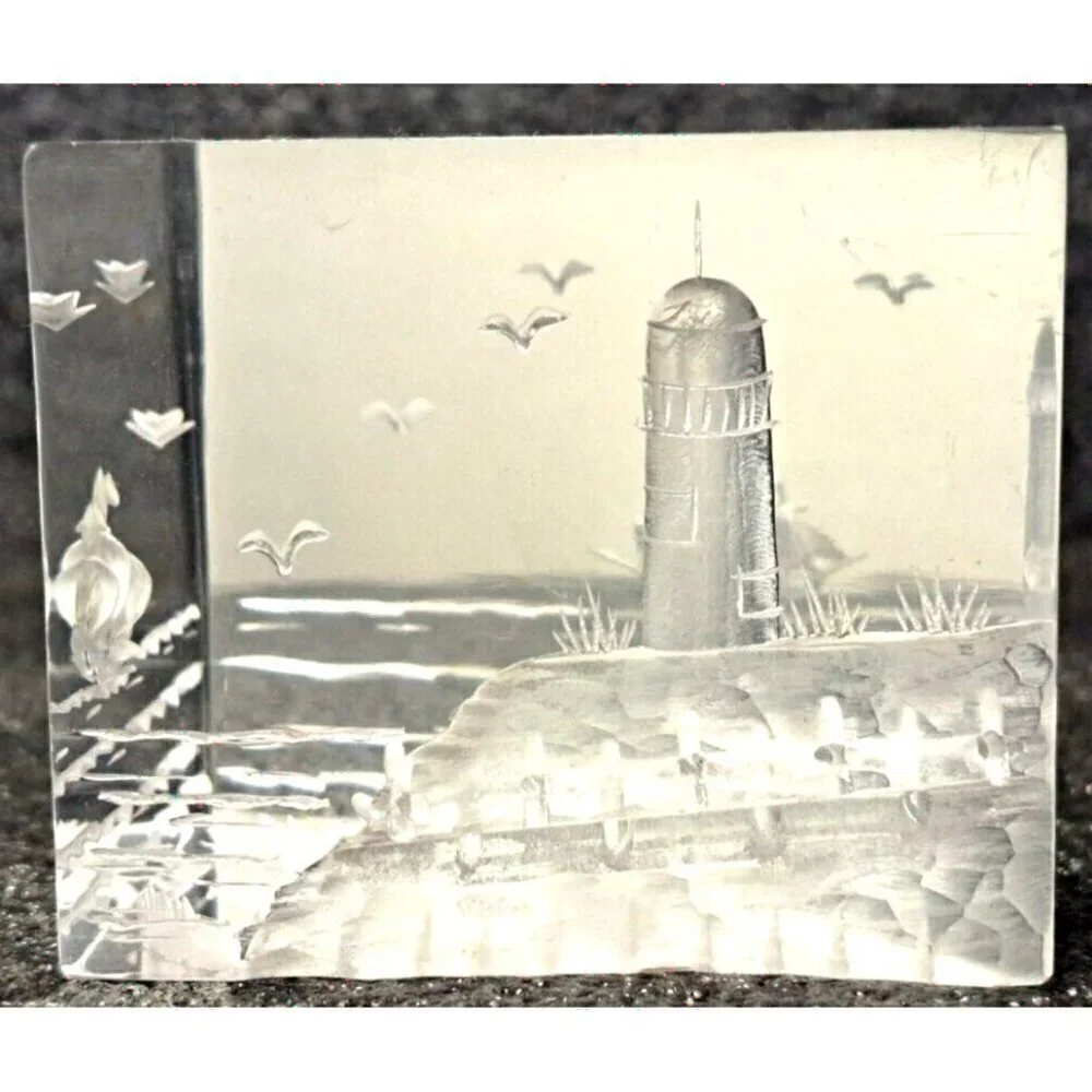 Triangle Shaped Paperweight Etched Lighthouse Sailing Ships Seagulls